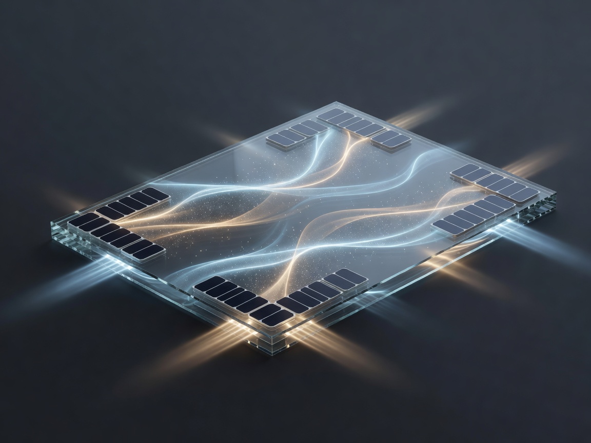 Soft-lit three-dimensional diagram of a transparent light-guiding pane carrying re-emitted light toward photovoltaic cells at its edges