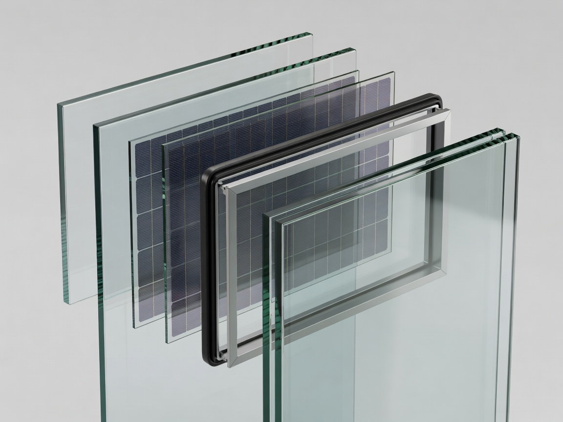 Soft-lit exploded three-dimensional view of a solar glazing unit showing glass panes, a photovoltaic layer, cavity spacer and edge seal