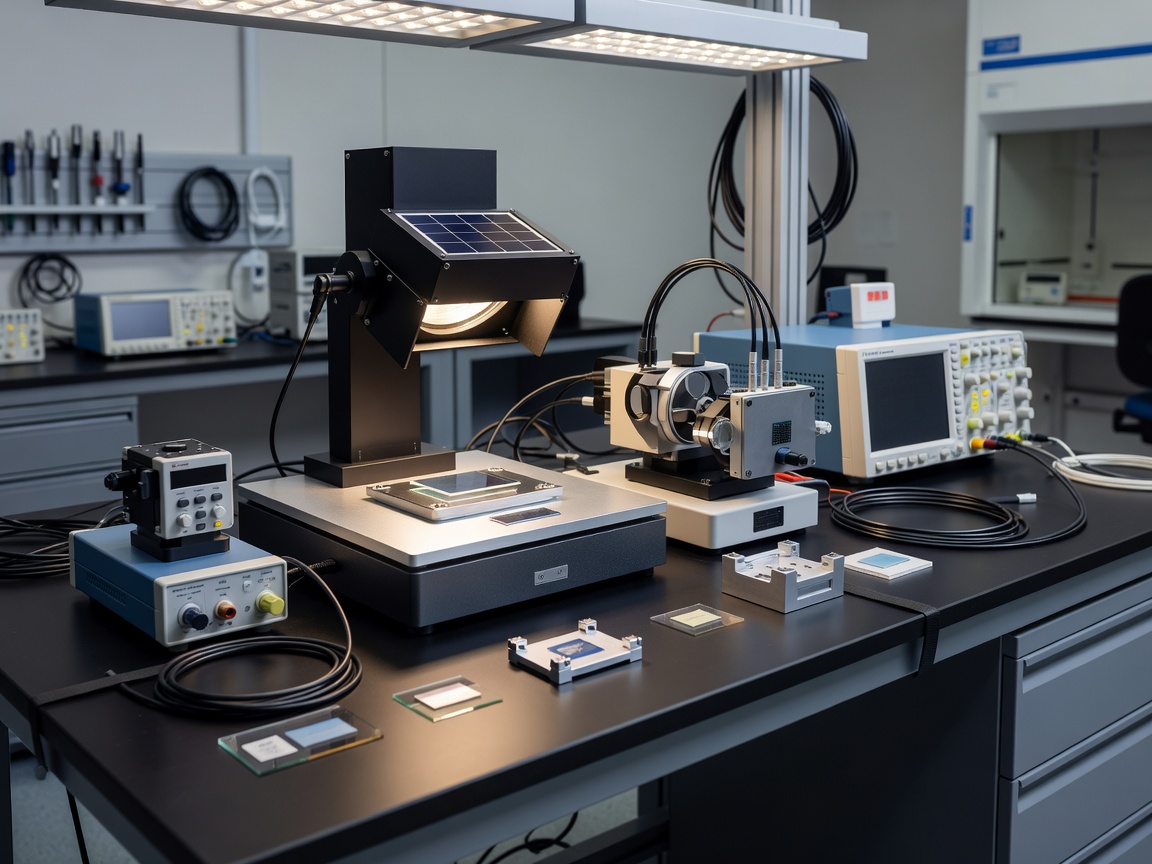 Laboratory workbench with optical testing instruments used to characterise light-sensitive materials